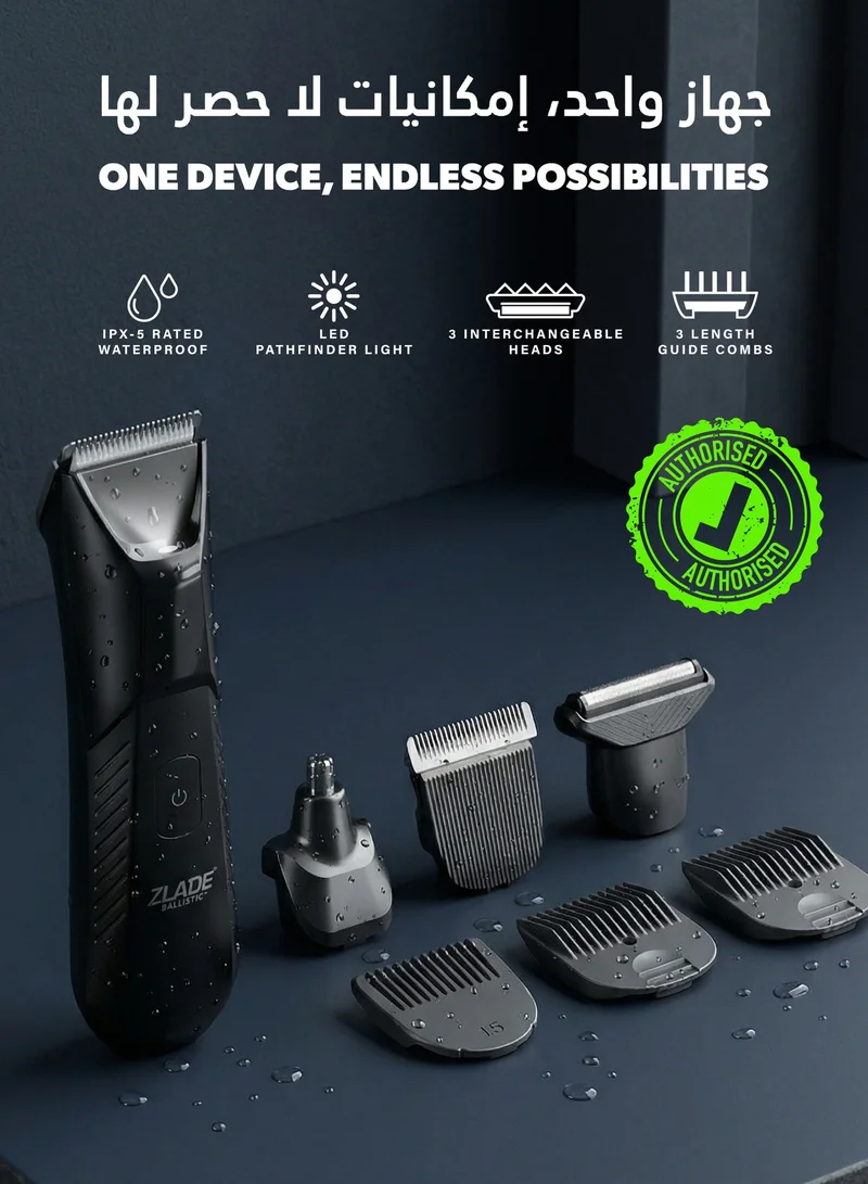 ZLADE ZLADE Ballistic Neo Water Proof IPX7 All-in-One Multi-Groomer for Men | 10-in-1 Beard, Hair & Body Trimmer | Cordless, Waterproof & Travel-Friendly | Precision Grooming Kit